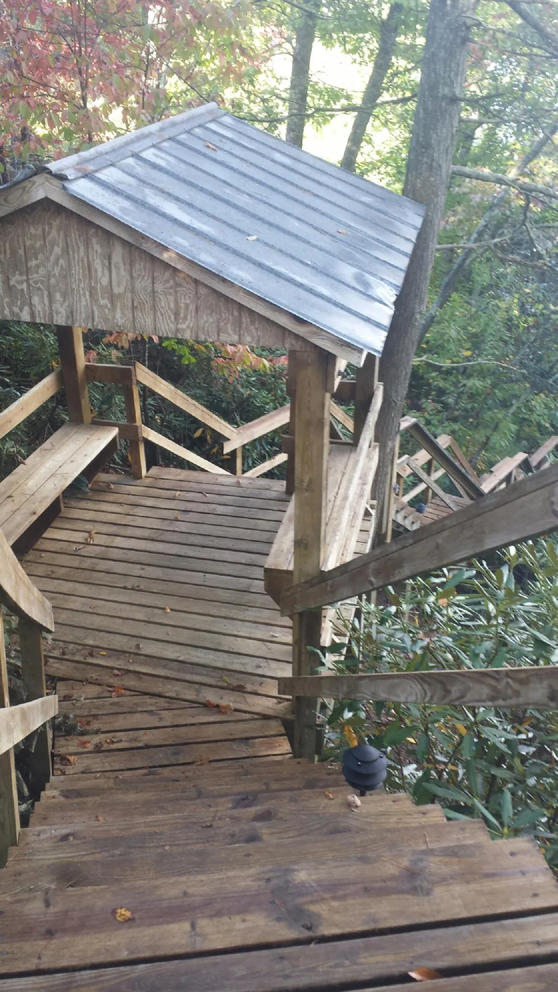 Metal roofed shelter over wooden steps on a wooded walkway — Skylight Repair & Installation work by our crew in Rebecca